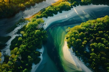 Wall Mural - Aerial views of a green summer forest and winding rivers, offering breathtaking scenic beauty for nature enthusiasts.