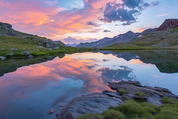 Wall Mural - a mountain lake with a sunset in the background, tranquil mountain lake reflecting the sunset sky