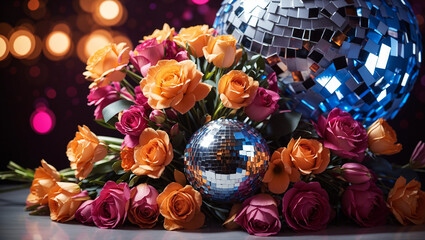 There are orange and pink roses with two disco balls.

