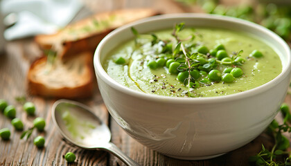 Wall Mural - Bowl of green peas cream soup on wooden table