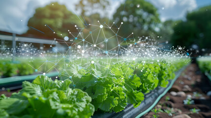 Wall Mural - Smart agriculture farm using cloud data to optimize resources, representing the impact of cloud tech in various sectors