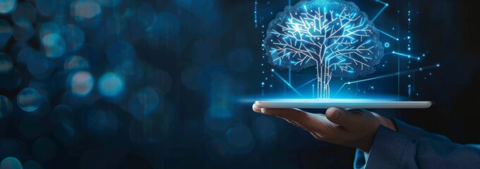 Wall Mural - businessman holding a digital tablet with a holographic tree symbolizing artificial intelligence and