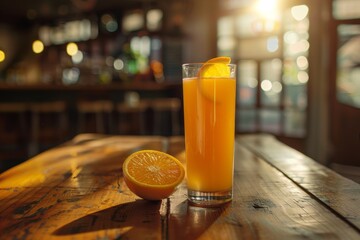 orange juice on wooden table Generative AI