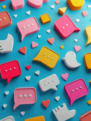 Fototapete - A vibrant image featuring colorful chat bubbles and social media symbols on a blue background, representing the dynamic and engaging world of social media trends and conversations. Generative AI