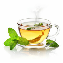 A steaming cup of peppermint tea with fresh peppermint leaves, isolated on white background