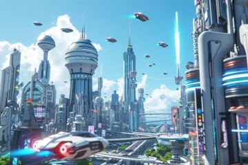 Poster - a futuristic city with a lot of tall buildings, futuristic metropolis with towering skyscrapers