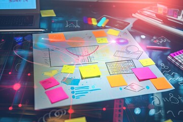 Poster - a desk with a computer and a monitor, Digital representation of an online brainstorming session with sticky notes, charts, and doodles