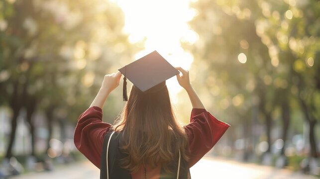 A graduate stands facing the sunlight, celebrating academic achievement in a cap and gown. The joyous moment of commencement captured in nature.