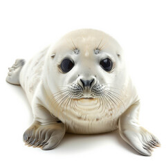 Wall Mural - An adorable baby seal with big round eyes, lying on its belly, isolated on white background