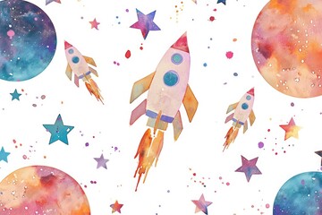 Wall Mural - Space Scene with Rockets and Stars