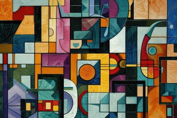 Fototapete - a painting of a colorful abstract design, Y2K digital technology symbols presented in a cubist style