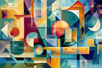 Fototapete - a painting of a colorful abstract design, Y2K digital technology symbols presented in a cubist style