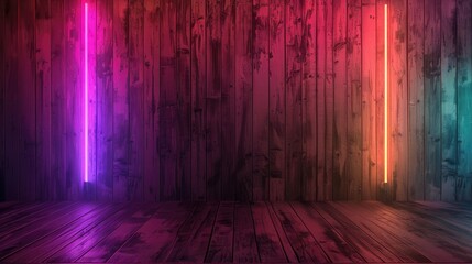 Neon light on wooden wall background.