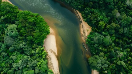 Green nature in forest river landscape. Travel water view in aerial environment beauty. Trees drone rainforest in jungle background summer. Scenic tropical park outdoor sky top