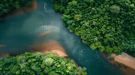 Wall Mural - Nature forest river in water aerial green. Landscape trees travel in view environment summer. Lake beauty in jungle background top. Drone sky scenic outdoors rainforest in blue