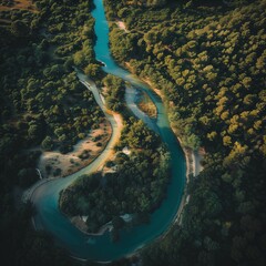 Wall Mural - Nature in forest water river with trees. Travel landscape in aerial environment beautiful green. Drone autumn outdoors in summer road. Scenic view background above blue top