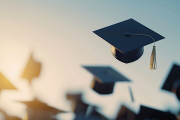 Wall Mural - Graduation caps thrown in the air, symbolizing celebration and achievement at a graduation ceremony. Bright, hopeful atmosphere with blurred background.