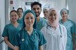 © Lazy_Bear - Diverse group of healthcare professionals. Doctors and nurses smiling and standing together in hospital corridor.