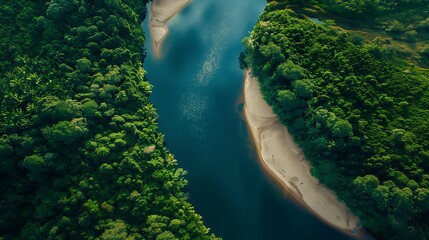 Nature water in forest green river landscape. Aerial summer lake travel view with drone. Blue background beauty in sky trees scenic environment top mountain park. Plant tropical