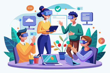 Aufkleber - people are using vr glasses to look at a laptop, Screen mockup for a virtual reality team building exercise