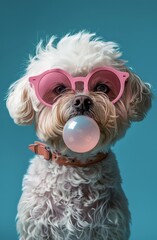 Close-up photo of a cute white dog with pink glasses blowing bubblegum on a blue background