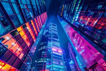 Wall Mural - Skyscraper architecture in business city. Modern night tower in downtown office. Urban building with futuristic illuminated travel. Cityscape exterior for finance district. Blue