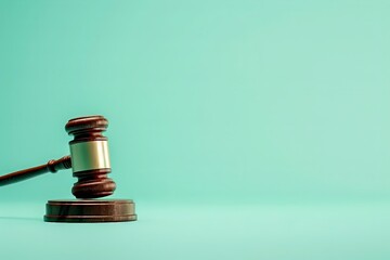 Wooden judge's gavel resting on a sound block in a turquoise background, symbolizing justice, law, and legal proceedings.