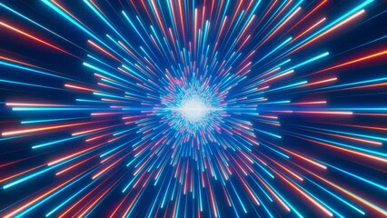 Wall Mural - bright radial light beams. abstract background in blue and orange neon glow color. light burst in un
