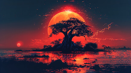 Wall Mural - a tree is in the foreground of a sunset with a large red sun in the background. the sky is filled wi