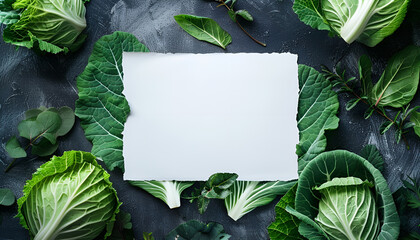 cabbage leaves around the edge of a piece of white paper