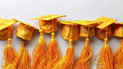 Several hands holding and throwing black graduation caps tassels isolated on white background