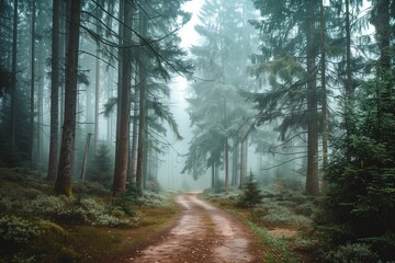 Wall Mural - Green forest, foggy roads. Misty paths, autumn woods. Scenic outdoors, rural parks. Summer hiking, beautiful landscapes. Pine trees, leafy trails. Morning travel, dreamy scenes.