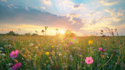 Wall Mural - Green meadow, summer flowers. Sunset landscape, bright sunlight. Rural beauty, yellow blossoms. Spring fields, sunny skies. Idyllic nature, colorful scenes. Morning wildflowers,
