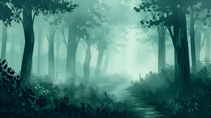 Misty forest landscape. Green trees, foggy morning light. Nature s beauty, magical jungle. Dark woods, spooky scenery. Summer park, autumn leaves. Mysterious path, scenic outdoors.