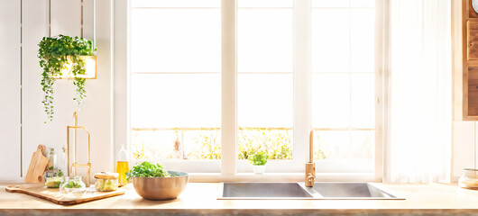 Kitchen background top counter interior wood blur home wooden empty room light white. Top kitchen product background desk modern window food display design texture tabletop restaurant board wall space