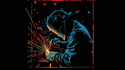 illustration of welder at work with bright sparks on a black background. industrial and craftsmanshi