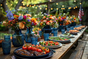 Outdoor summer dinner party with grilled food, blue and white decor, flowers, and a farmhouse table setting with an American flag backdrop.