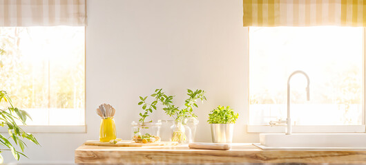 Kitchen background top counter interior wood blur home wooden empty room light white. Top kitchen product background desk modern window food display design texture tabletop restaurant board wall space