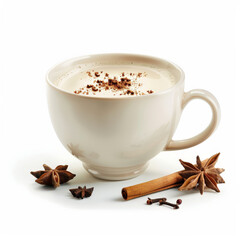 Wall Mural - A cup of spiced chai tea latte with a sprinkle of nutmeg, isolated on white background