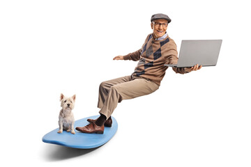 Poster - Elderly man surfing on a board with a dog and holding a laptop computer