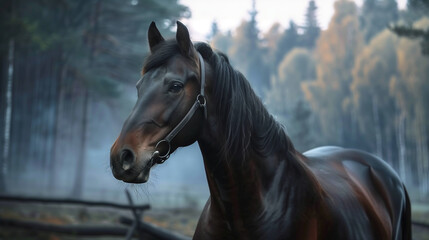 Beautiful dark horse posing in the foggy forest