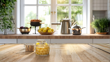 Kitchen background top counter interior wood blur home wooden empty room light white. Top kitchen product background desk modern window food display design texture tabletop restaurant board wall space