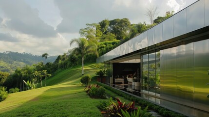 luxury villa with walls entirely made of polished aluminum siding, standing alone in a lush green landscape