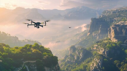 A drone soars above a majestic mountain range, capturing stunning aerial footage at sunrise. Generative AI