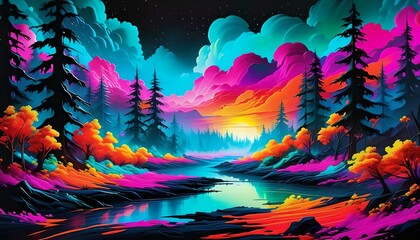 Acrylic Neon Landscape. Enchanted neon spring forest created with Generative AI technology.