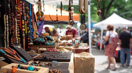 Artisan vendors showcase handmade crafts and jewelry at the weekend street fair, attracting visitors.