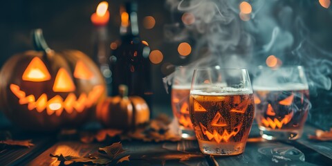 Wall Mural - A table with three glasses of beer and three pumpkins with faces on them. The atmosphere is spooky and festive