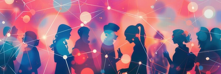 Fototapete - Silhouettes of influencers and followers against a colorful, vibrant background represent the interconnected nature of social media. Generative AI