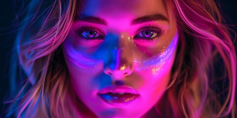 Wall Mural - a woman with a neon make up and paint on her face, with a blue and pink background