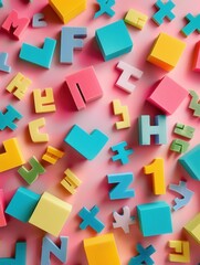 Fototapete - A vibrant image showcasing a variety of colorful letters and numbers scattered across a pink background, ideal for social media monitoring and content analysis. Generative AI